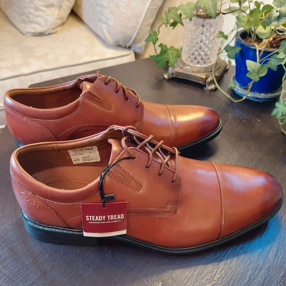 Clarks Men's Stedwell Cap Toe Lace-Up Oxford Dark Tan Leather Size 11M NEW!